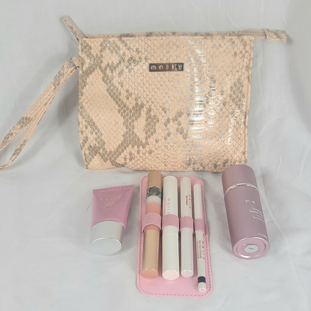Mally Faux Snake Skin Wristlet Cosmetic Bag With Makeup 8 Piece Set